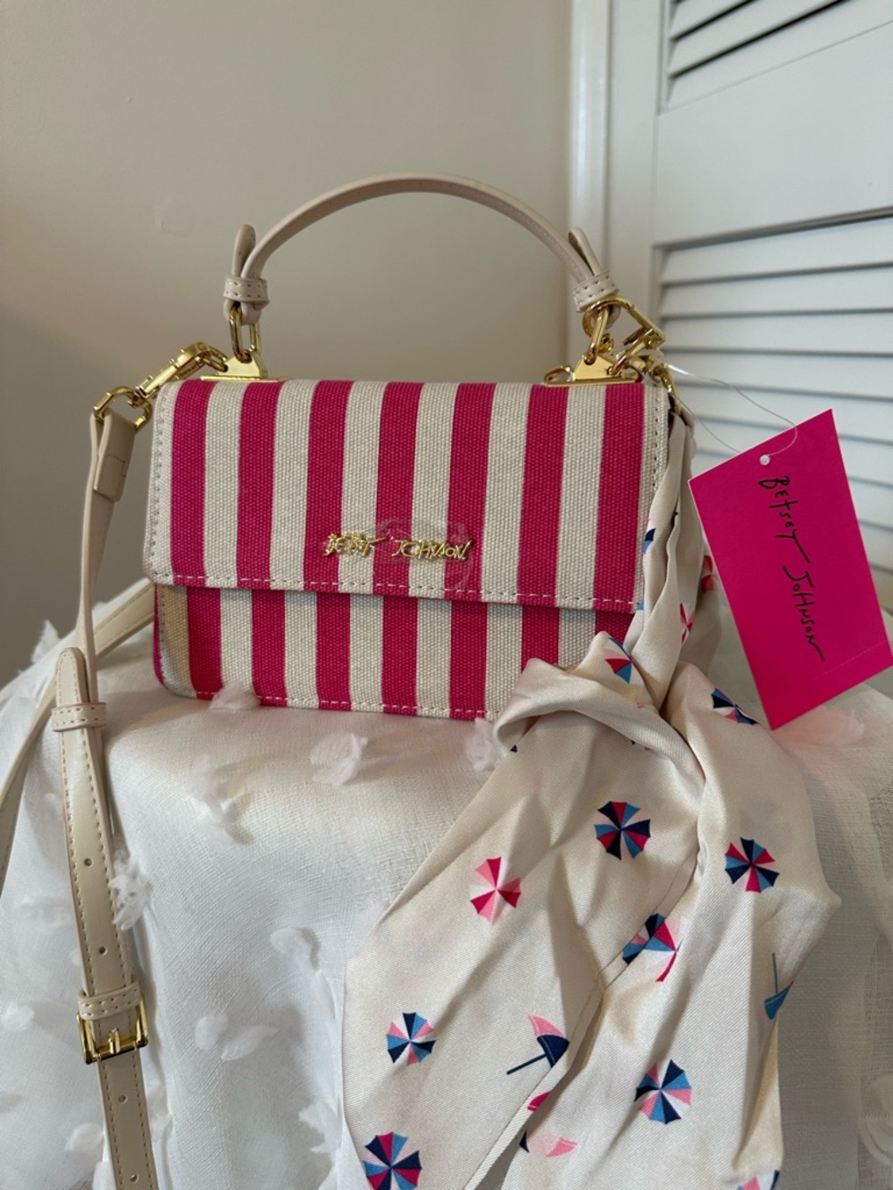 NWT Betsey Johnson Mini Bag, Purse, XOJules, Pink and Cream with Gold accents
